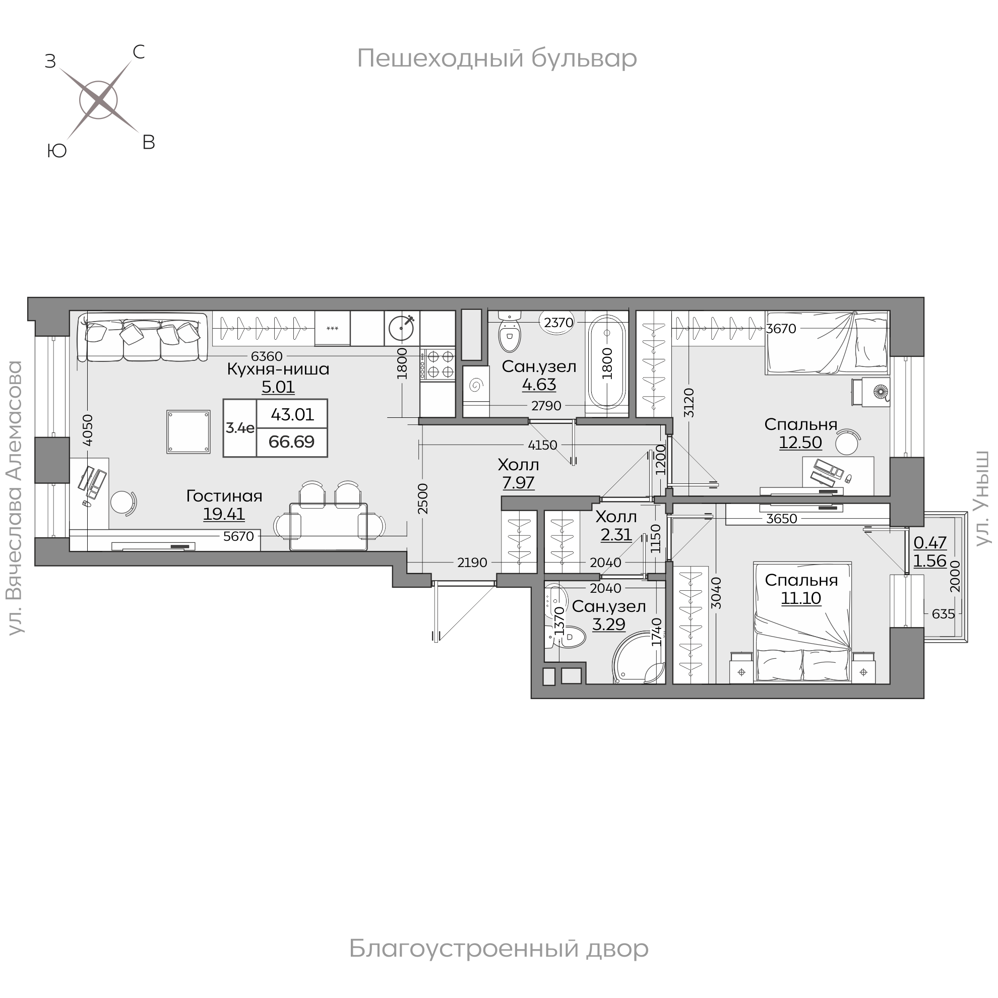 Планировка с размерами — квартиры в новостройках Казани