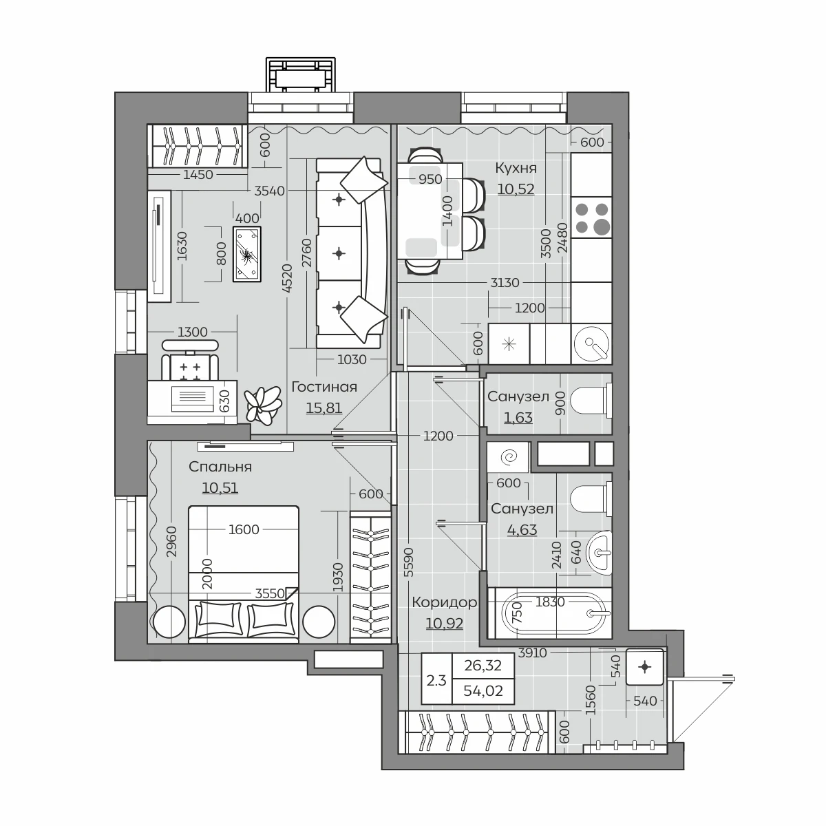 План с размерами — 2-комнатная квартира 53,6 м²