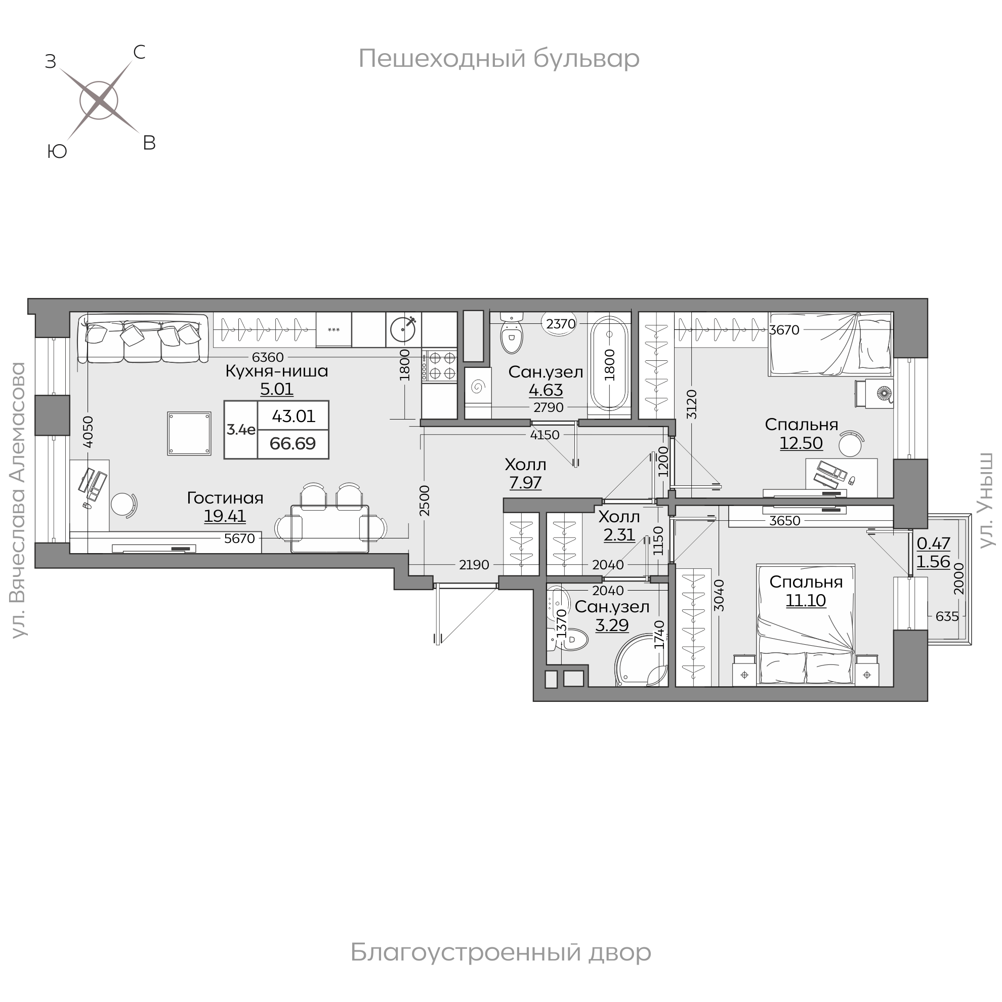 Планировка с размерами — квартиры в новостройках Казани