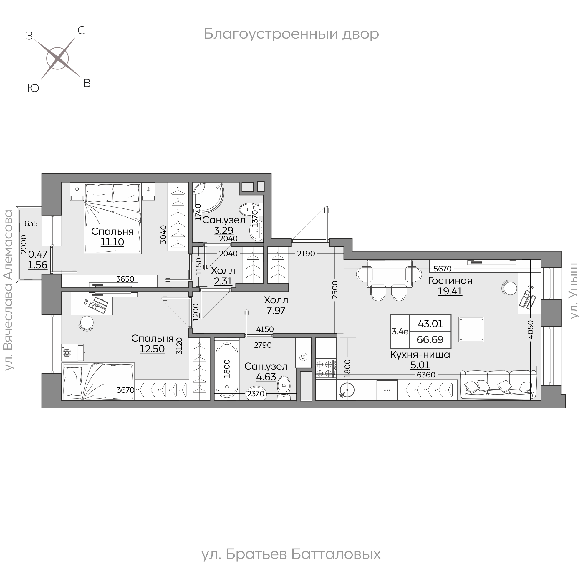 Планировка с размерами — квартиры в новостройках Казани