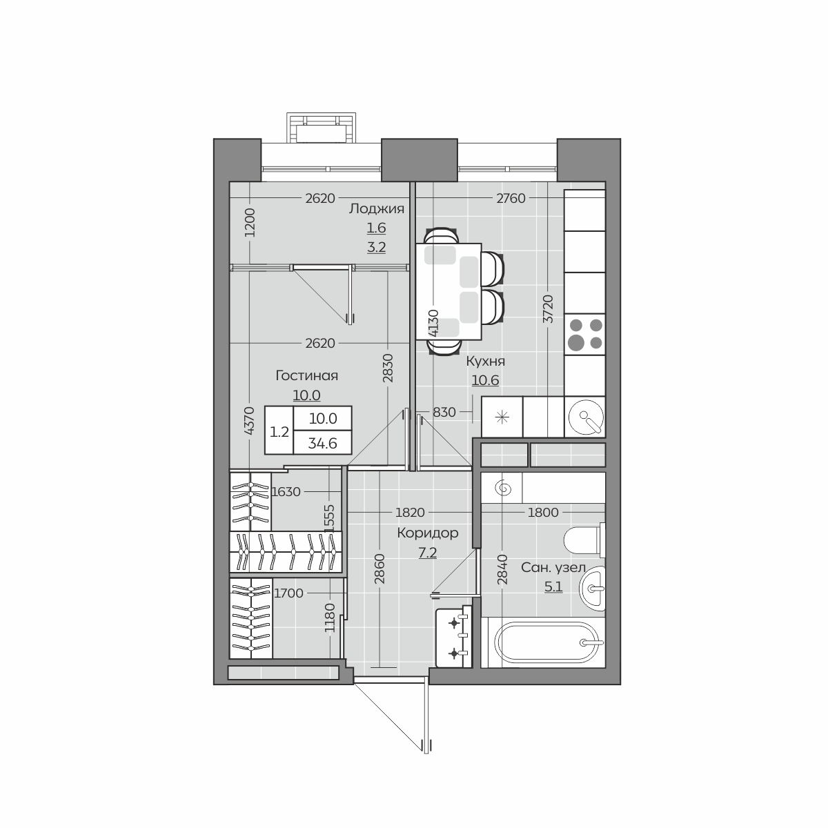 Планировка — 1-комнатная квартира 34,3 м²