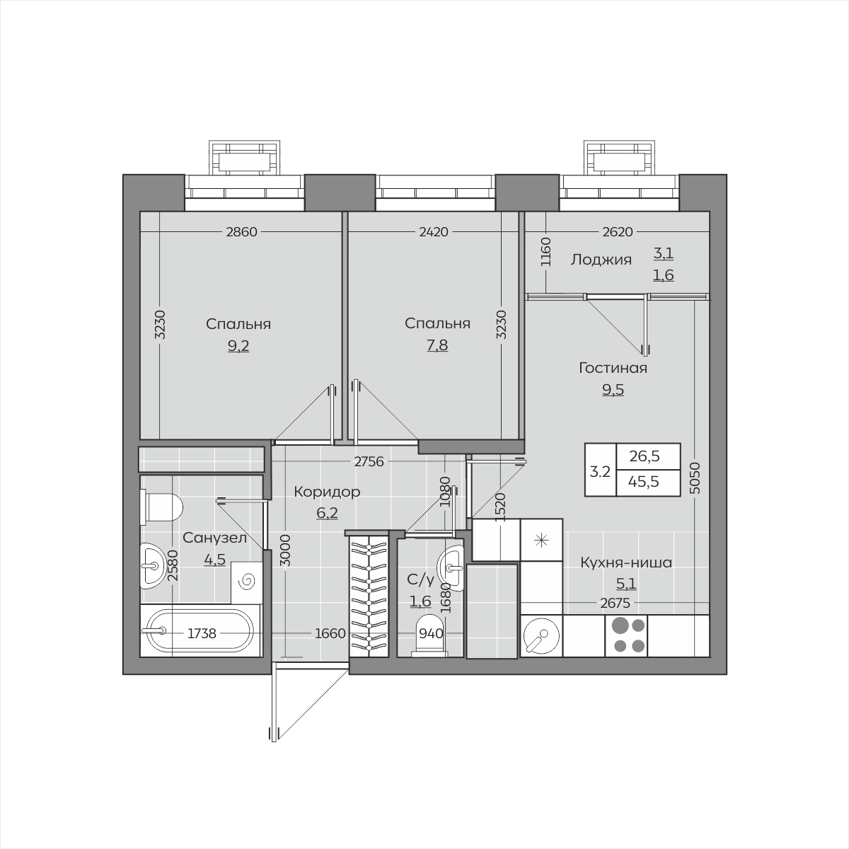 Планировка — 3-комнатная квартира 45,3 м²