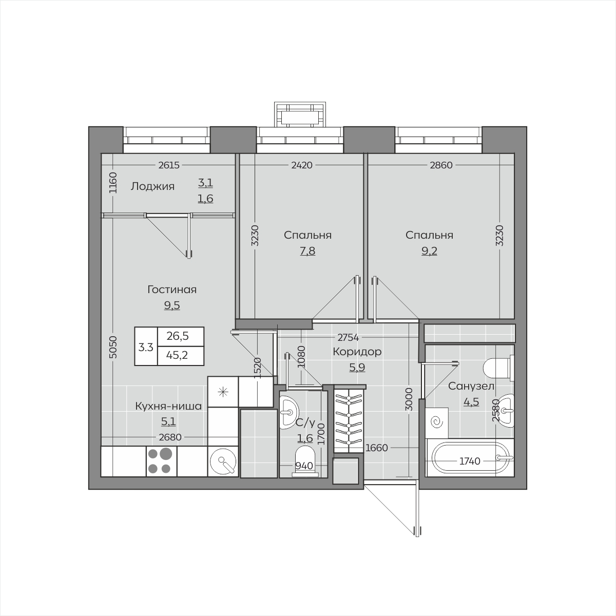 Планировка — 3-комнатная квартира 45,3 м²