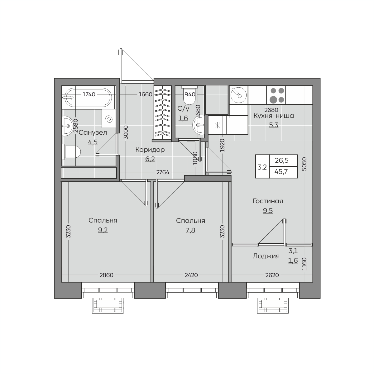 Планировка — 3-комнатная квартира 46 м²